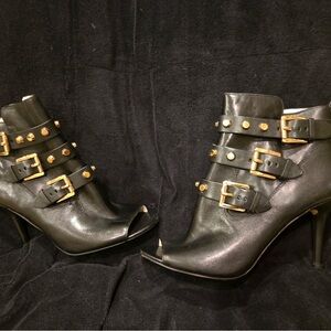 Michael Kors Black Leather Buckle Peep-Toe Ankle Boots-Stiletto Heel